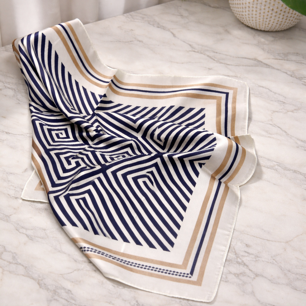 Pañuelo Mujer Vintage Estampado Geométrico Azul y Beige Elegante